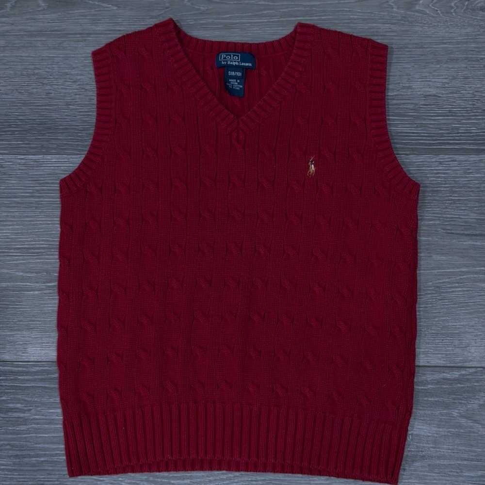 Polo Ralph Lauren Kids V-Neck Sweater Vest Red Cable Knit Size S 8 10